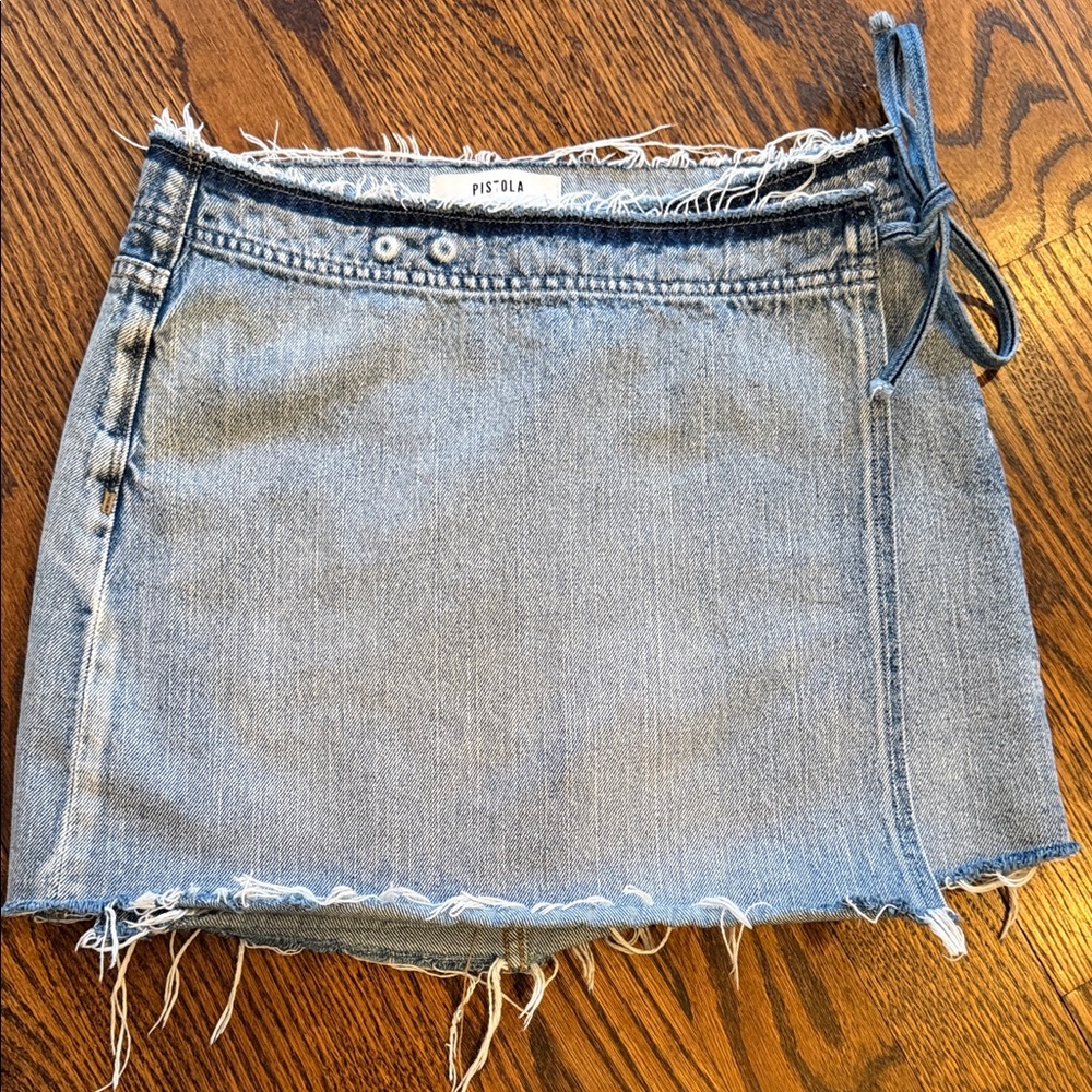 Pistola sz 27 Denim jean wrap mini skirt - faded blue raw edges